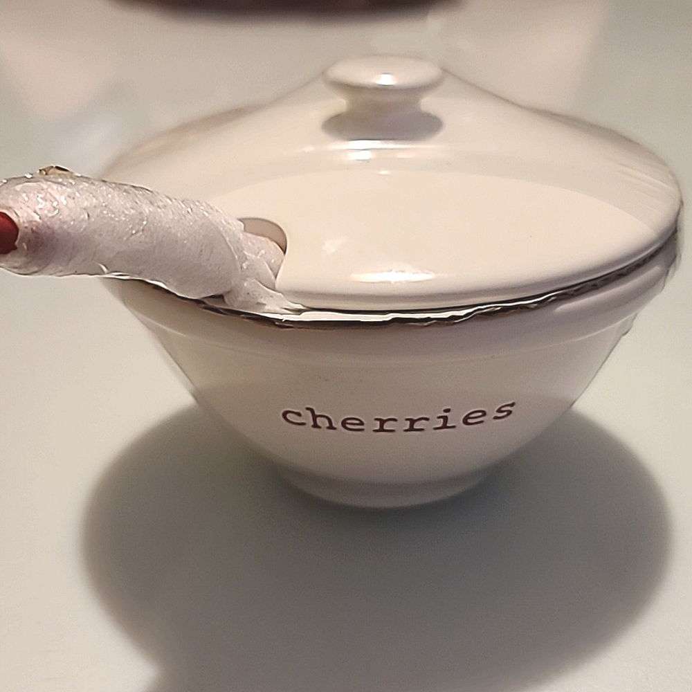Pottery Barn Scoop Cherries Bowl with Lid and Spoon